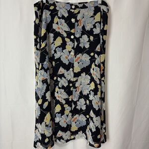CHAPS Sz 12 Blue Floral Button Front Lined Midi Skirt A-Line Classic Preppy